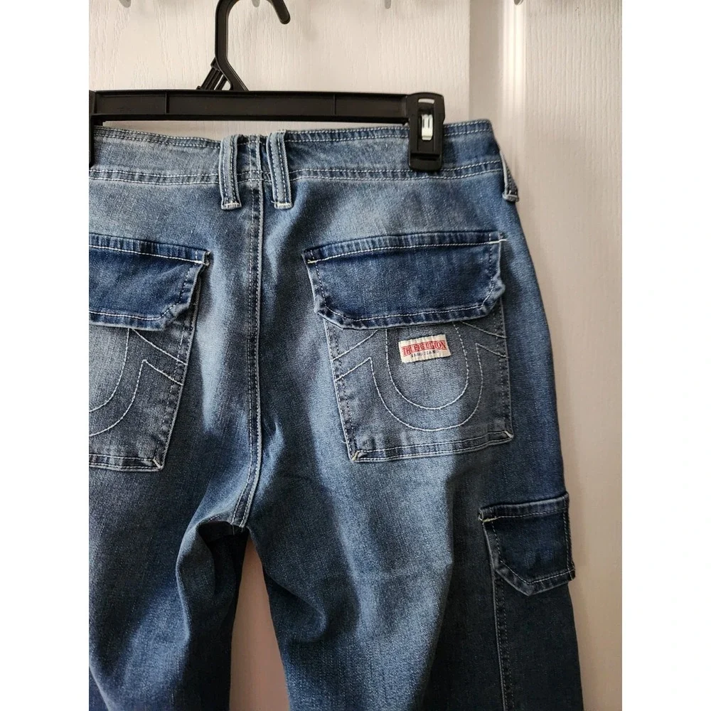 TRUE RELIGION Womens Cargo Straight Leg Blue Jeans Pants Pockets Stretch Size 27